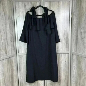 Ganni Dress Sz 40 Black Off The Shoulder Ruffle Neckline Shoulder Ties 3/4 Sleev